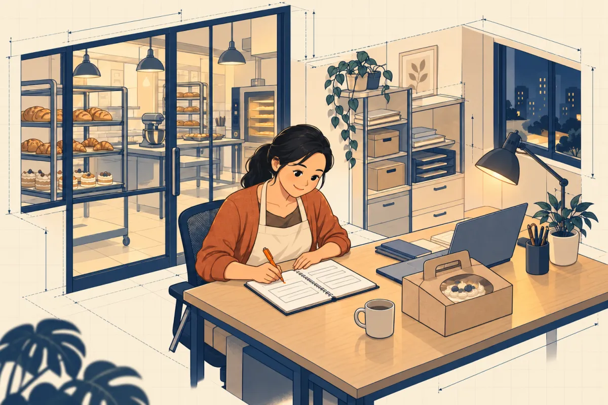 Chị Lan sau giờ đóng cửa ghi bảng kiểm kê việc AI làm và việc mình phải tự quyết vào nhật ký