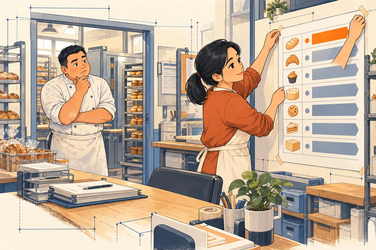 Chị Lan dán bảng bảy giai đoạn lên tường văn phòng, anh Tuấn đứng ở cửa ngạc nhiên