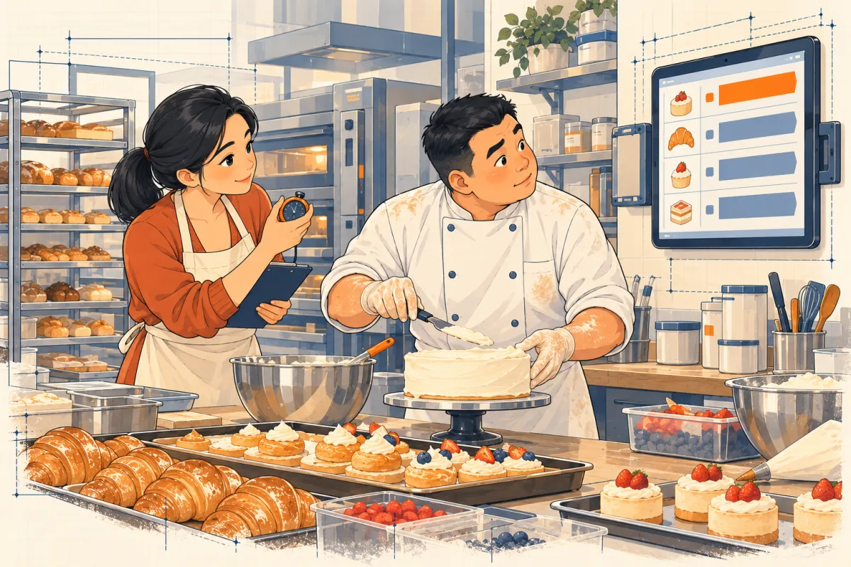 Anh Tuấn tay dính kem liếc màn hình bếp, chị Lan bấm giờ xem anh đọc kịp trong ba giây