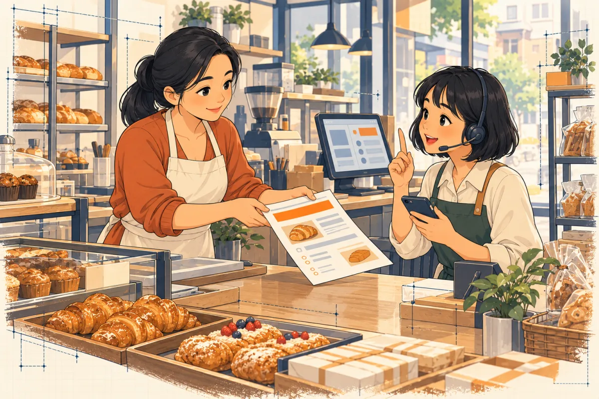 Chị Lan đưa hồ sơ dự án một trang cho Hà, Hà giơ tay hỏi ngay về đơn qua điện thoại
