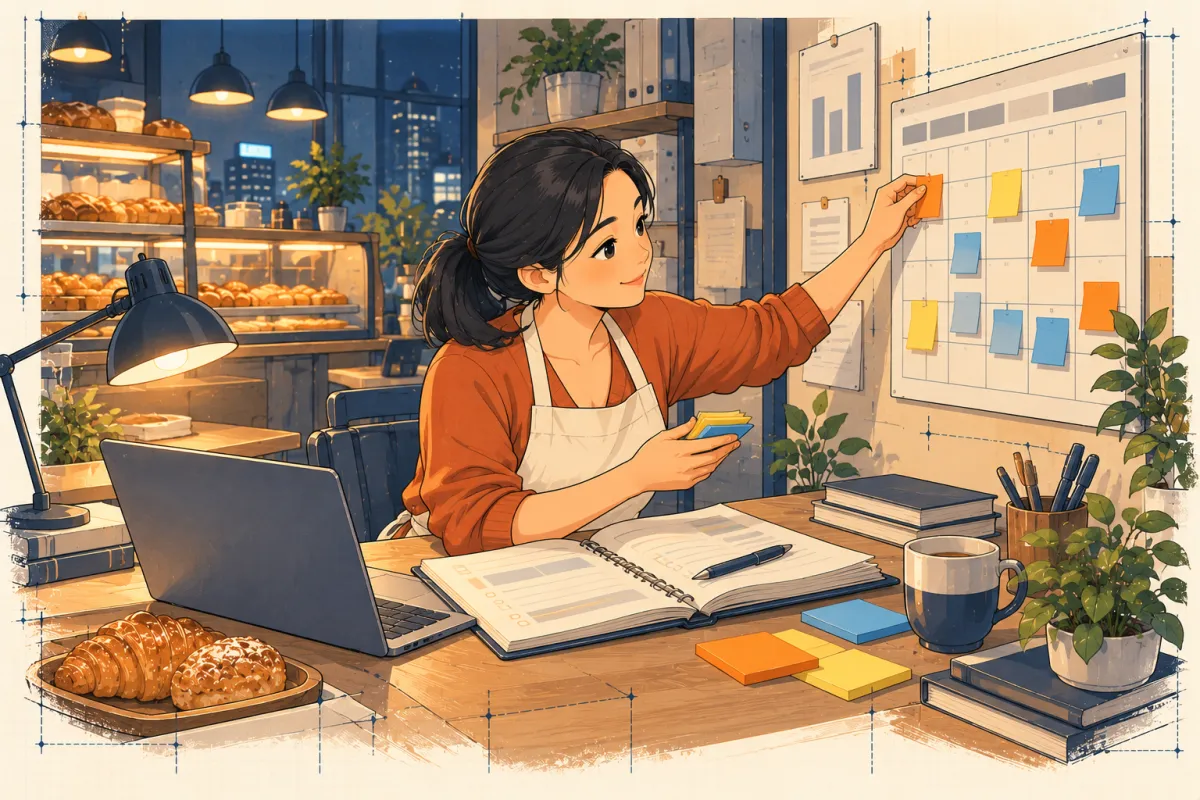 Chị Lan dán giấy nhớ ba màu lên lịch tường để lên kế hoạch học cho mình, Hà và anh Tuấn