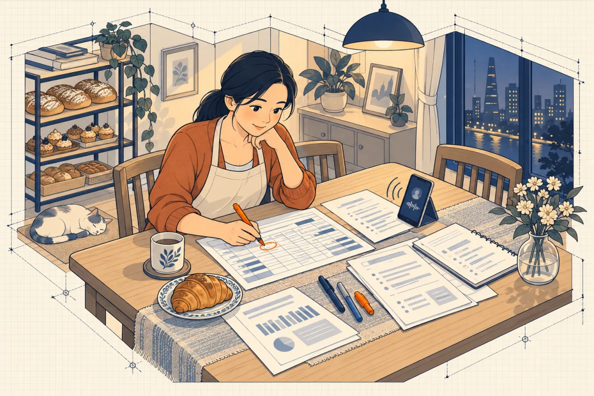 Chị Lan khoanh bảng tính in giấy bằng ba cây bút màu, vừa gọi điện hỏi nhân viên về quy tắc