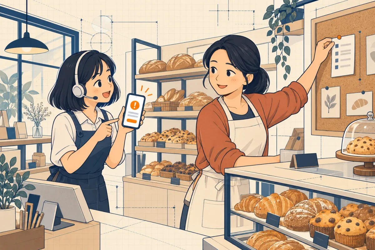 Hà đưa điện thoại báo lỗi, chị Lan ghim phiếu báo lỗi năm câu hỏi lên bảng gần quầy