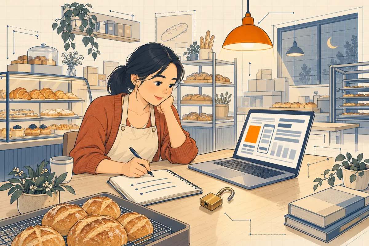 Chị Lan đọc báo cáo về app cũ và ghi ba quy tắc ranh giới vào sổ, cạnh chiếc ổ khóa mở