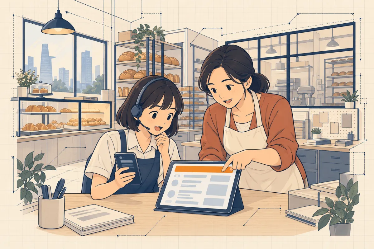 Hà ngập ngừng trước màn hình có dải cam cảnh báo môi trường thử, chị Lan chỉ vào dải cam