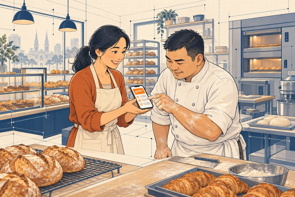 Chị Lan đưa bản demo màn hình bếp cho anh Tuấn bấm thử, anh nheo mắt góp ý