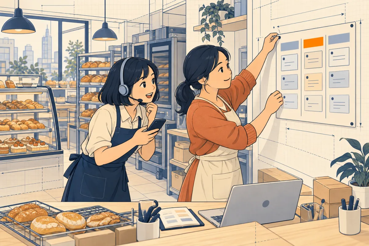 Chị Lan dán bảng ba cột phân loại việc giao cho AI, Hà đứng đọc