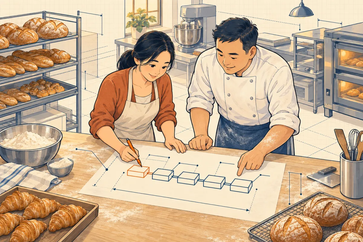 Chị Lan và anh Tuấn ngồi làm 5 Whys bằng chuỗi năm ô vẽ tay trên bàn bếp