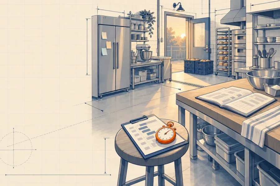 Góc bếp lúc rạng sáng với bảng ghi chép, đồng hồ bấm giờ và thùng giao hàng, ví cho quan sát tại chỗ
