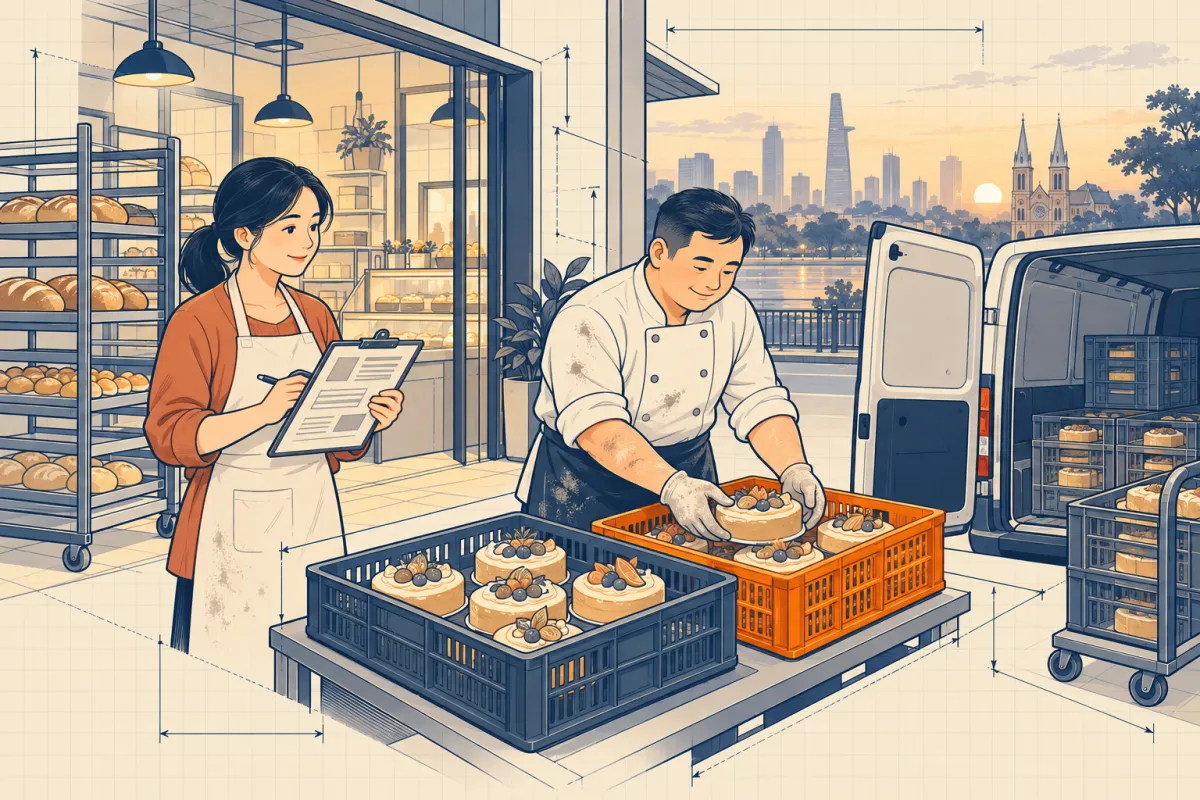 Chị Lan lặng lẽ quan sát anh Tuấn xếp bánh vào thùng theo chuyến xe lúc sáng sớm
