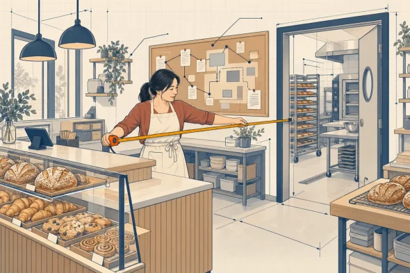 Chị Lan kéo thước đo từ quầy nhận đơn tới cửa bếp, sau lưng là bản vẽ quy trình ghim phiếu đơn
