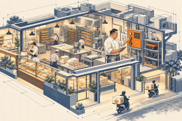 Anh Tuấn xem bảng đồng hồ và đường nhịp trên tường bếp, hộp đồ nghề trên kệ, xe giao bánh lần lượt rời tiệm