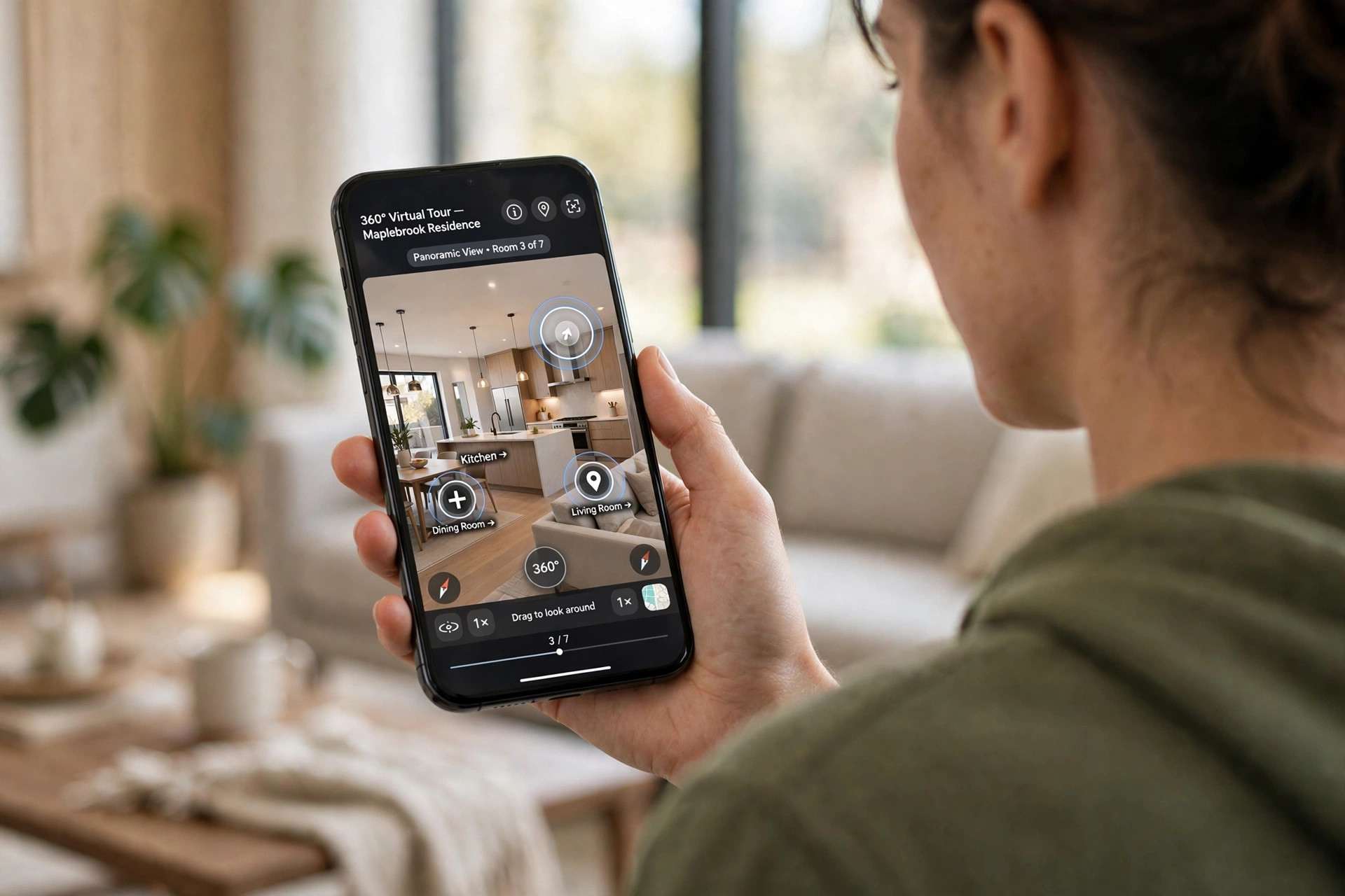 Khách hàng xem virtual tour 360 trên điện thoại với các điểm chạm tương tác